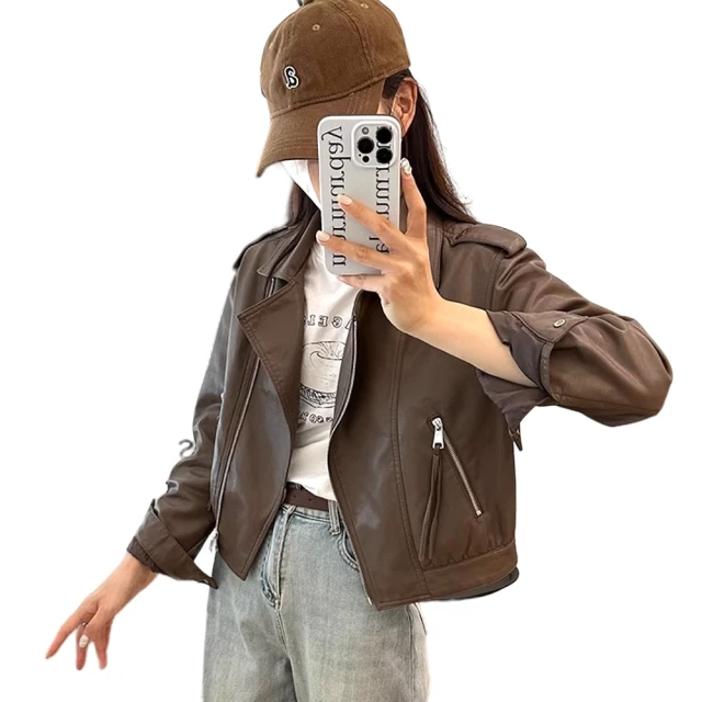 【CHACO】/預購/女春秋 時尚皮釦翻領斜拉鏈質感PU皮衣夾克外套#PY2150(夾克 皮衣 機車外套 女外套) 歷史價格詳細信息