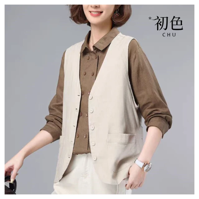 【初色】棉麻風純色V領無袖單排釦口袋短款背心外套女外套-共3色-33790(M-2XL可選) 價格比較,價格查詢,歷史價格詳細信息