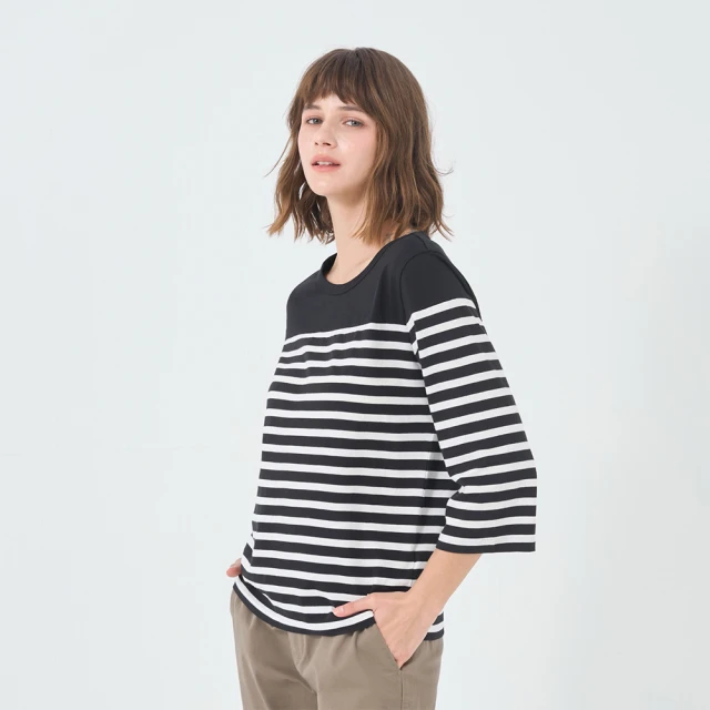 GIORDANO 女裝條紋七分袖上衣 - 標誌黑X皎白 歷史價格詳細信息