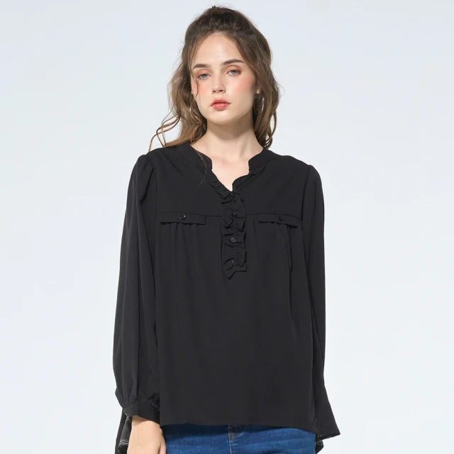 BLUE WAY 箱子 ET BOiTE-荷葉V領格紋剪接襯衫(黑) 歷史價格詳細信息