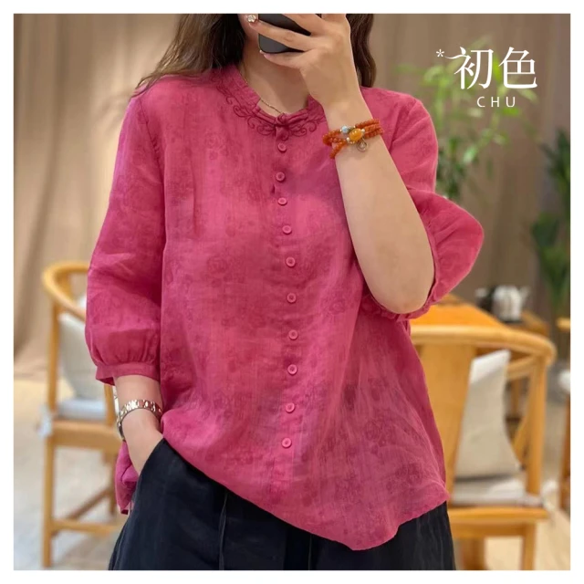 【初色】復古風中式氣質優雅碎花印花雪紡澎五分短袖袖圓領T恤上衣女上衣-灰色-33636(M-2XL可選) 歷史價格詳細信息