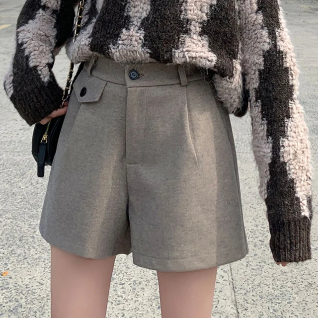 【MsMore】毛呢闊腿短褲復古寬鬆時尚高腰顯瘦A字短褲#123771(黑) 歷史價格詳細信息