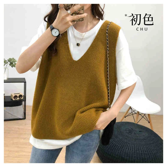 【初色】寬鬆純色大V領無袖中大碼針織背心上衣女背心-共5色-38252(F可選) 價格比較,價格查詢,歷史價格詳細信息