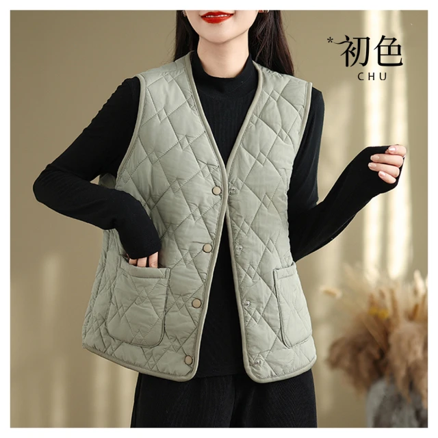 【初色】棉麻風純色V領無袖單排釦口袋短款背心外套女外套-共3色-33790(M-2XL可選) 歷史價格詳細信息