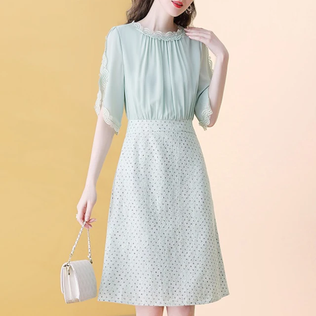 【FQ 時尚天后】黑翻領銀珠蕾絲邊雪紡洋裝(中大尺碼/S-3XL) 歷史價格詳細信息