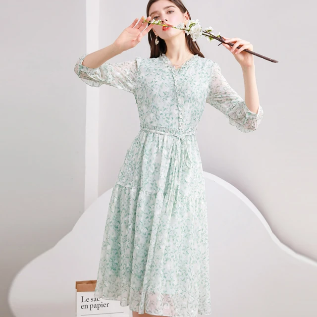 【A’bella 艾貝菈】小花紫薇印花滾絲絨領細繩收腰雪紡洋裝(中大尺碼/S-3XL) 歷史價格詳細信息