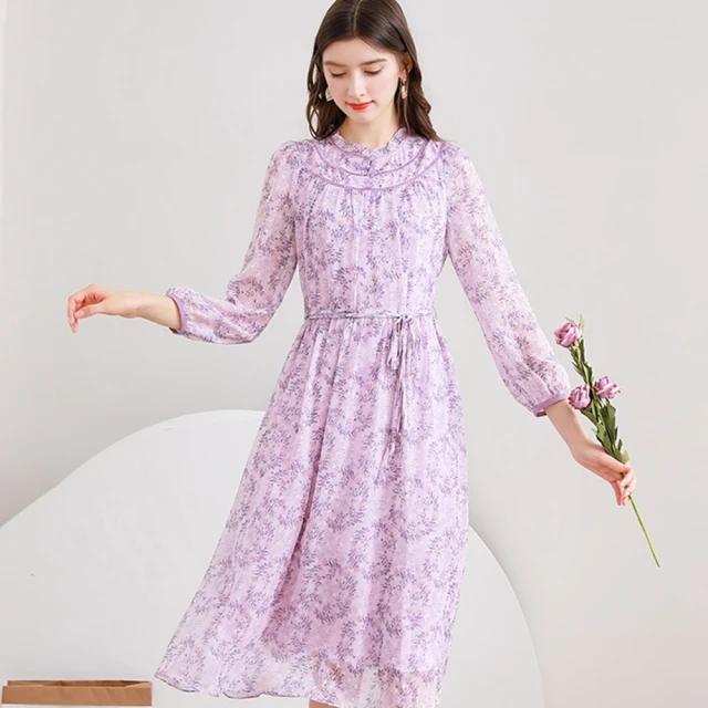 【A’bella 艾貝菈】小花紫薇印花滾絲絨領細繩收腰雪紡洋裝(中大尺碼/S-3XL) 價格比較,價格查詢,歷史價格詳細信息