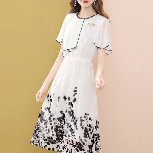 【FQ 時尚天后】黑翻領銀珠蕾絲邊雪紡洋裝(中大尺碼/S-3XL) 歷史價格詳細信息