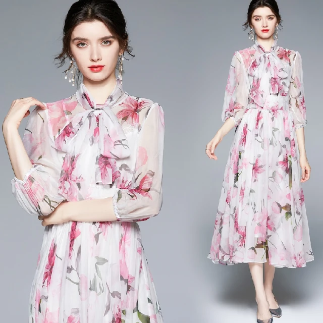 【A’bella 艾貝菈】小花紫薇印花滾絲絨領細繩收腰雪紡洋裝(中大尺碼/S-3XL) 歷史價格詳細信息