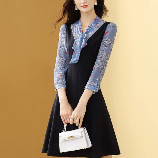 【FQ 時尚天后】黑翻領銀珠蕾絲邊雪紡洋裝(中大尺碼/S-3XL) 歷史價格詳細信息