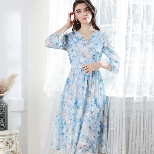 【A’bella 艾貝菈】小花紫薇印花滾絲絨領細繩收腰雪紡洋裝(中大尺碼/S-3XL) 歷史價格詳細信息