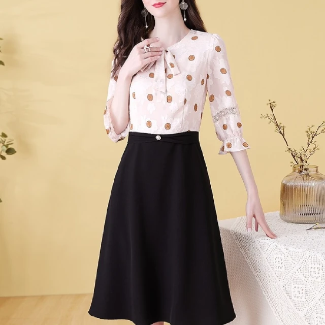 【FQ 時尚天后】黑翻領銀珠蕾絲邊雪紡洋裝(中大尺碼/S-3XL) 歷史價格詳細信息