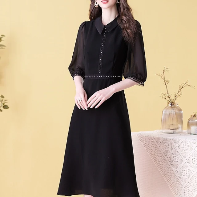 【FQ 時尚天后】黑翻領銀珠蕾絲邊雪紡洋裝(中大尺碼/S-3XL) 價格比較,價格查詢,歷史價格詳細信息