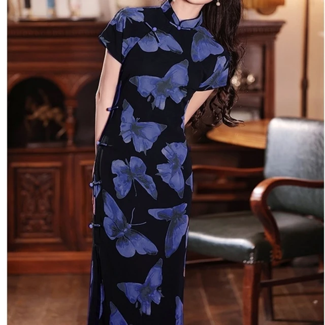 【巴黎精品】雙12 連身裙改良式旗袍(短袖立領開衩印花女裙子a1gc86) 歷史價格詳細信息