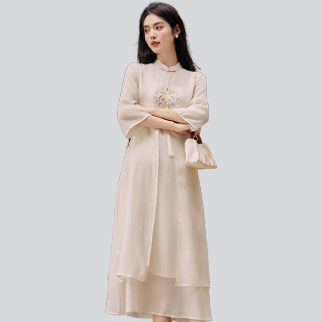 【巴黎精品】雙12 連身裙改良旗袍(七分袖絲質提花中長款女裙子a1gq61) 歷史價格詳細信息