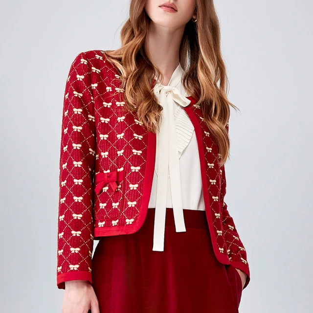 【ILEY 伊蕾】小蝴蝶結混羊毛波浪滾邊針織上衣(兩色；M-XL；1234455010) 歷史價格詳細信息