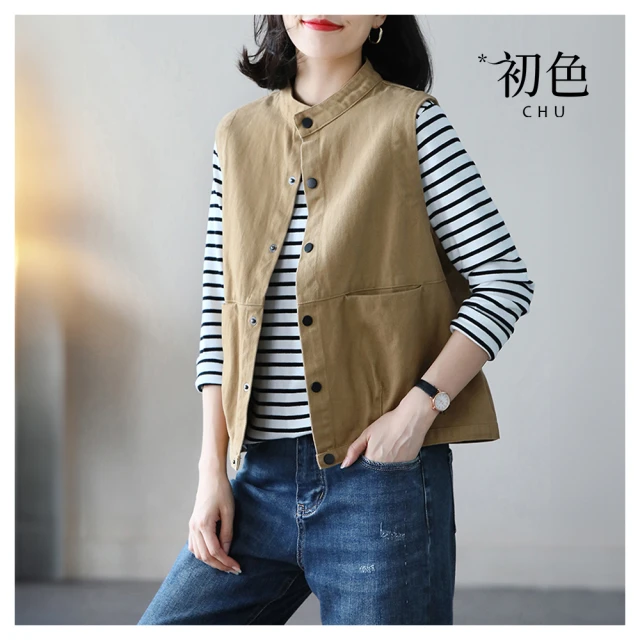 【初色】棉麻風純色V領無袖單排釦口袋短款背心外套女外套-共3色-33790(M-2XL可選) 歷史價格詳細信息