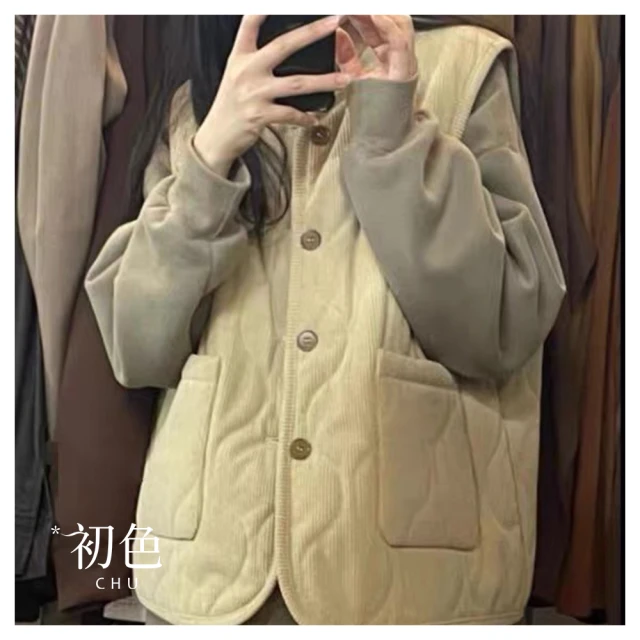 【初色】保暖羽絨棉鋪棉純色菱格紋寬鬆圓領單排釦長袖夾克外套-3款任選-31543(M-2XL可選) 歷史價格詳細信息