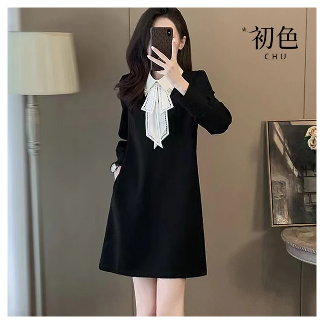 【初色】拼接娃娃領七分長袖收腰遮肉雪紡連衣裙連身洋裝中長洋裝-黑色-32713(M-2XL可選) 歷史價格詳細信息