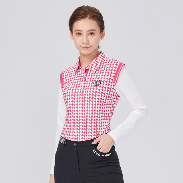 【KING GOLF】網路限定款-女款千鳥紋印圖星星刺繡中厚刷毛長袖POLO衫(綠色) 歷史價格詳細信息