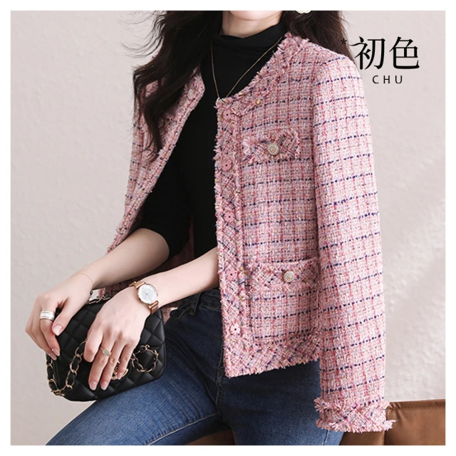 【初色】小香風寬鬆圓領單排釦長袖短款西裝外套-粉色-30901(M-2XL可選) 歷史價格詳細信息