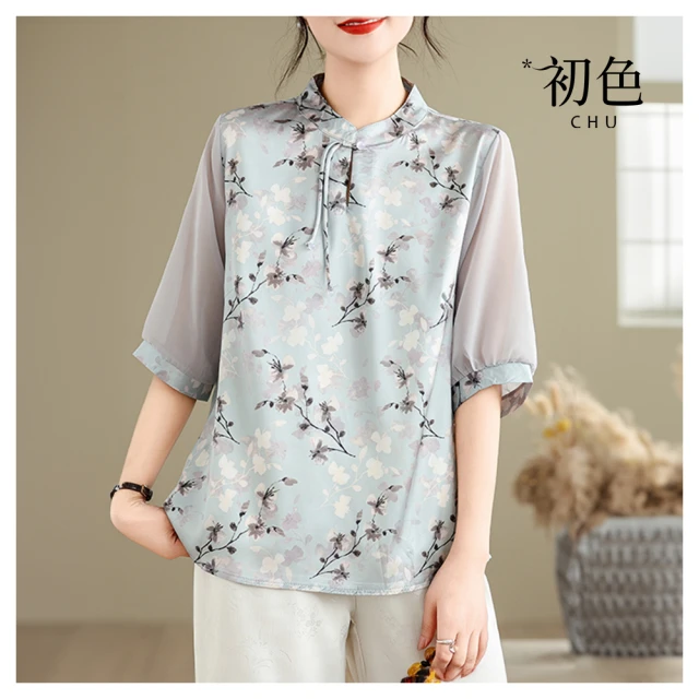 【初色】復古風中式氣質優雅碎花印花雪紡澎五分短袖袖圓領T恤上衣女上衣-灰色-33636(M-2XL可選) 價格比較,價格查詢,歷史價格詳細信息