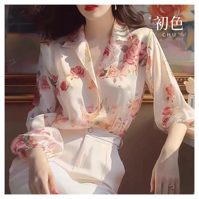 【初色】復古風中式氣質優雅碎花印花雪紡澎五分短袖袖圓領T恤上衣女上衣-灰色-33636(M-2XL可選) 歷史價格詳細信息