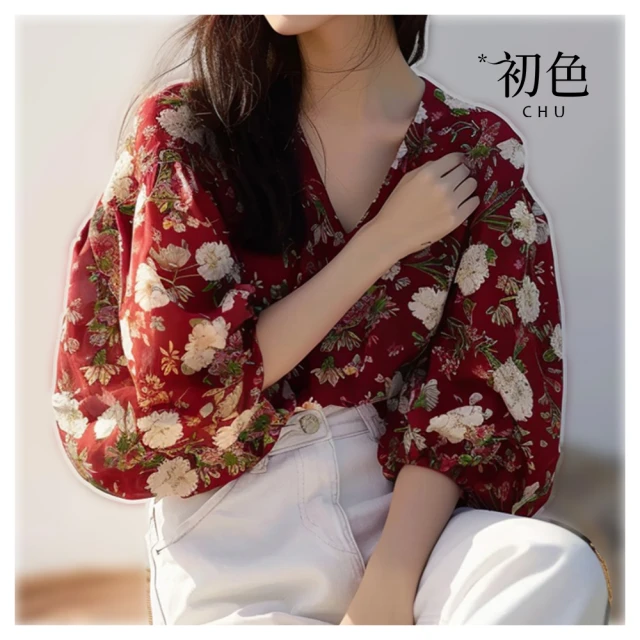 【初色】復古風中式氣質優雅碎花印花雪紡澎五分短袖袖圓領T恤上衣女上衣-灰色-33636(M-2XL可選) 歷史價格詳細信息