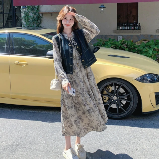 【UniStyle】2件式麂皮背心碎花長袖洋裝 韓系美拉德穿搭 女 ZM131-7026(咖) 歷史價格詳細信息