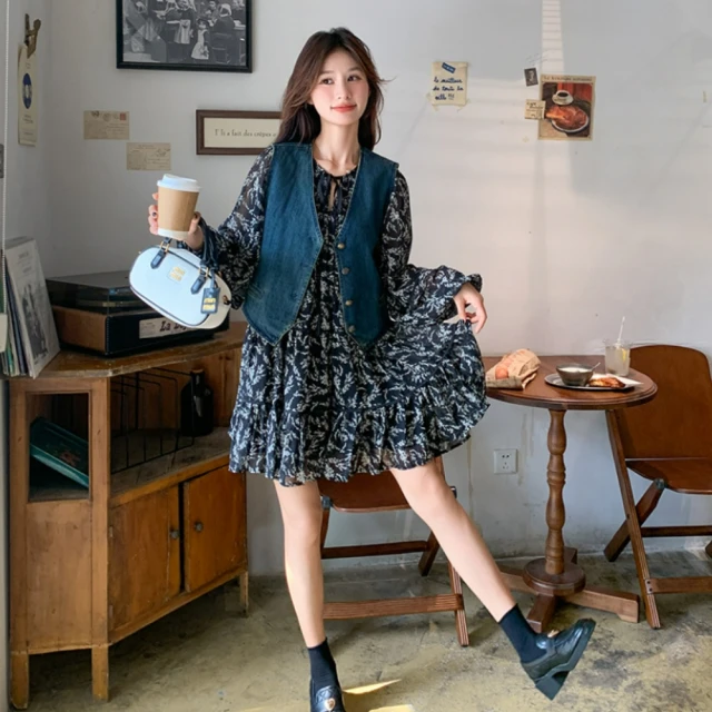 【UniStyle】2件式麂皮背心碎花長袖洋裝 韓系美拉德穿搭 女 ZM131-7026(咖) 歷史價格詳細信息