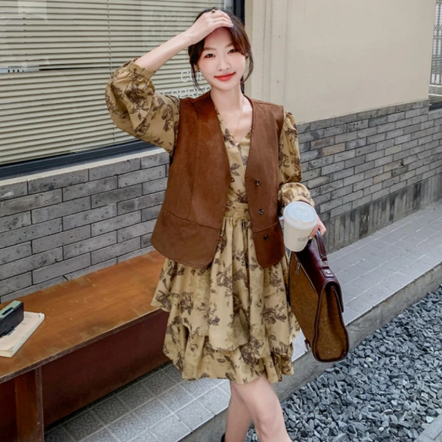 【UniStyle】2件式麂皮背心碎花長袖洋裝 韓系美拉德穿搭 女 ZM131-7026(咖) 價格比較,價格查詢,歷史價格詳細信息