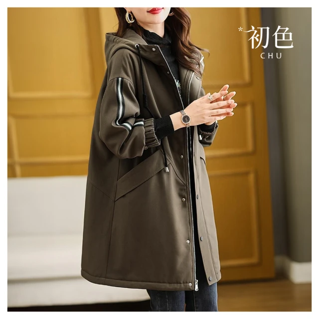 【初色】韓版休閒純色壓褶寬鬆大碼過膝長款連帽風衣外套女外套-共6色-38042(M-4XL可選) 歷史價格詳細信息