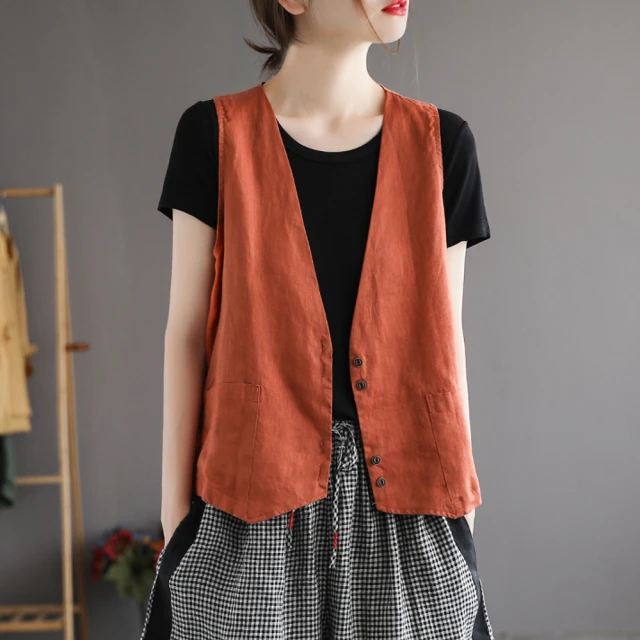 【初色】棉麻風純色V領無袖單排釦口袋短款背心外套女外套-共3色-33790(M-2XL可選) 歷史價格詳細信息