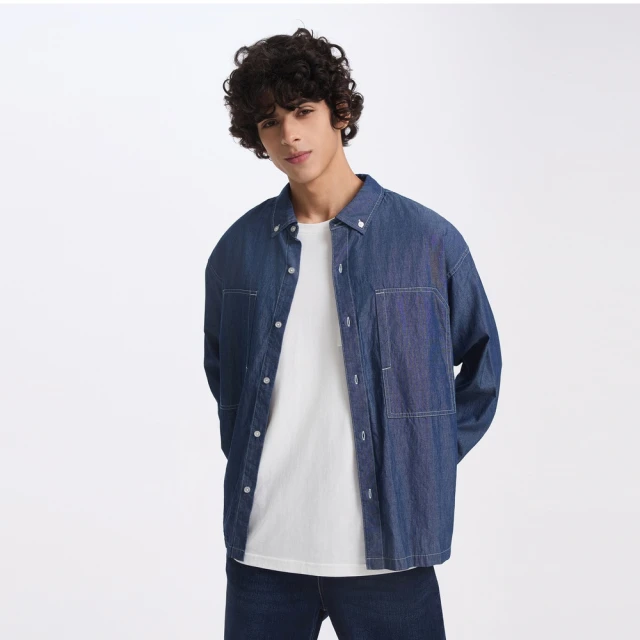 深藍色牛仔襯衫男長袖 潮牌寬鬆襯衫 春季新款男士休閒工裝外套 牛仔長袖襯衫男 歷史價格詳細信息