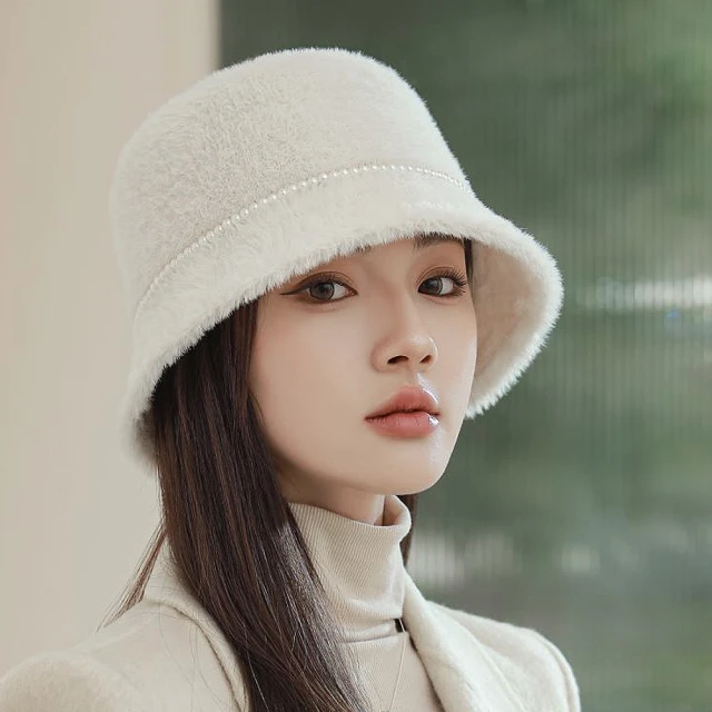 美式白色毛絨漁夫帽大頭圍帽子毛茸茸盆帽大圓臉適合的水桶帽女款 歷史價格詳細信息