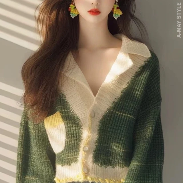 拼色V領針織小外套男 2色M2XL 潮流寬鬆毛衣 慵懶編織線衣 歷史價格詳細信息