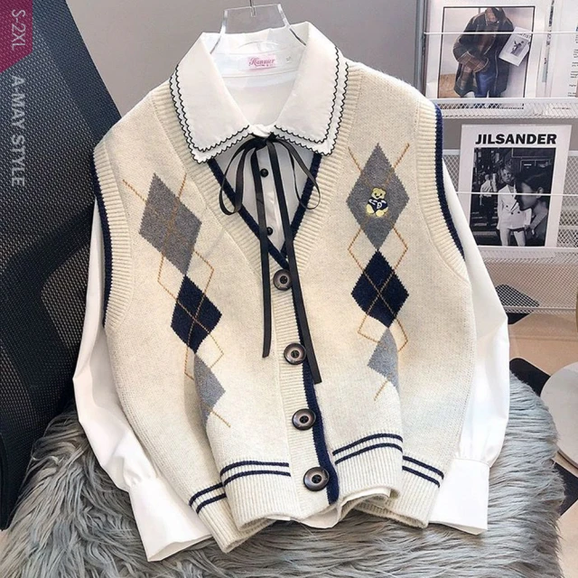 女裝 學院風V領小熊刺繡春季新款馬甲背心女寬松百搭針織開衫上衣 歷史價格詳細信息