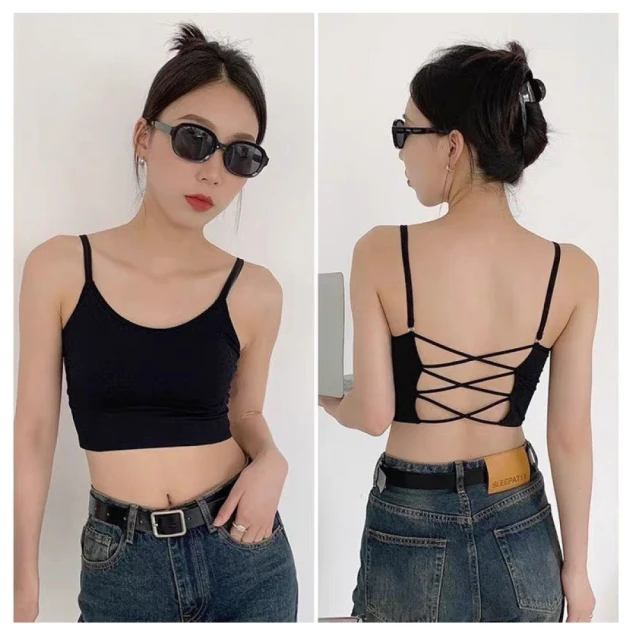 【illi】現貨 交叉美背造型細肩帶背心 無袖有胸墊背心上衣 歷史價格詳細信息