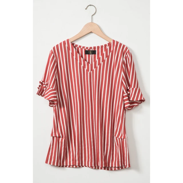 【玄太】條紋織紋配色圓領針織上衣(紅) 歷史價格詳細信息