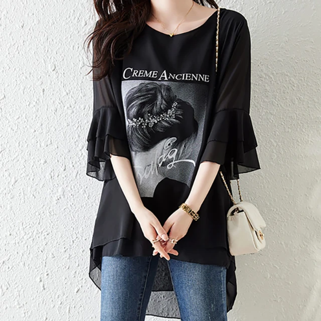【麗質達人】5992黑色雪紡印花上衣LY(L-5XL) 歷史價格詳細信息