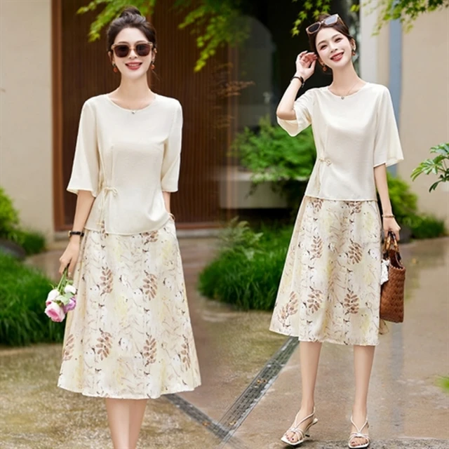 兩件套中式印花短袖小衫高腰直筒褲長褲夏季媽媽裝休閒套裝 歷史價格詳細信息