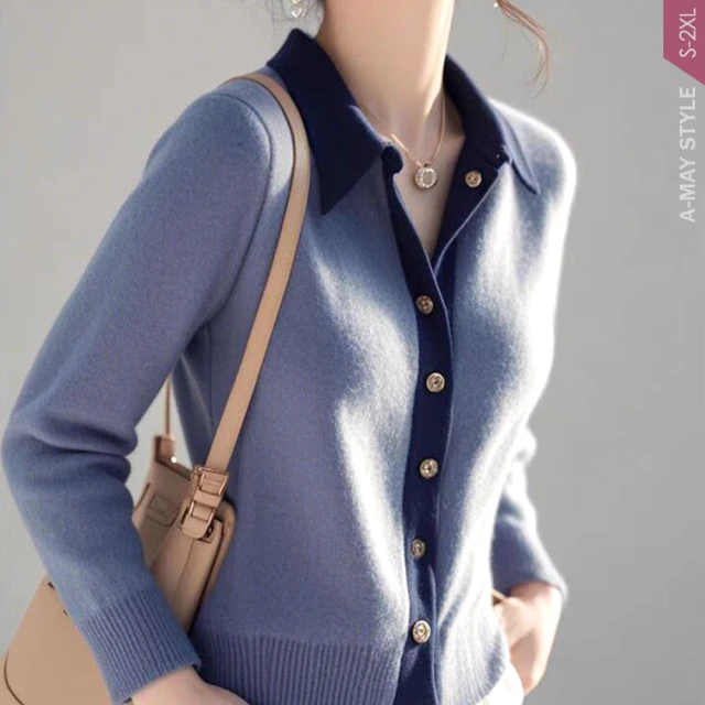 【Amay Style 艾美時尚】冬新品 中大尺碼女裝 針織 上衣 優雅拼色翻領排扣長袖針織衫。S-2XL(藍.預購) 價格比較,價格查詢,歷史價格詳細信息