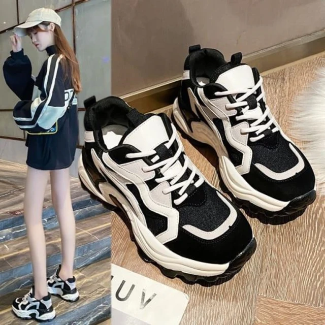 【白鳥麗子】老爹鞋 韓風拚色繫帶網布厚底休閒鞋 歷史價格詳細信息