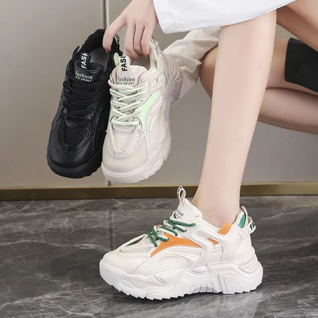 【白鳥麗子】老爹鞋 韓風拚色繫帶網布厚底休閒鞋 歷史價格詳細信息