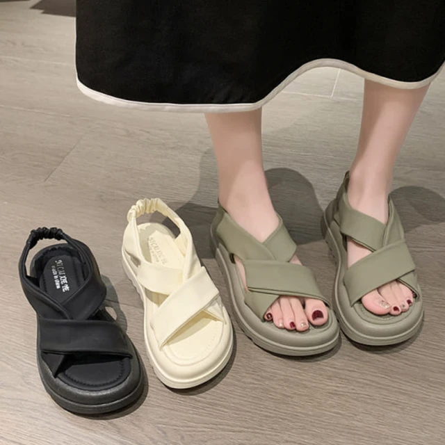 【白鳥麗子】韓風舒適皮革交叉帶厚底拖鞋 歷史價格詳細信息