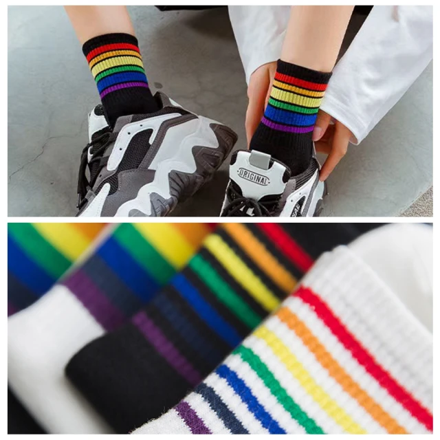 襪子女長筒襪彩虹條紋高筒高腰黑白長襪男潮ins棉日韓系百搭秋冬 歷史價格詳細信息