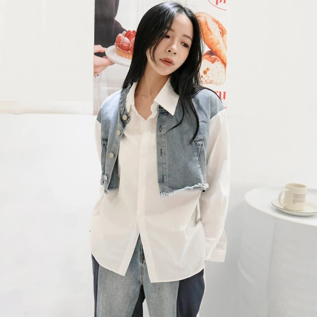 假兩件牛仔拼接襯衫設計高級感時尚牛仔襯衣潮男穿搭潮流帥氣上衣【zero潮流屋】 歷史價格詳細信息