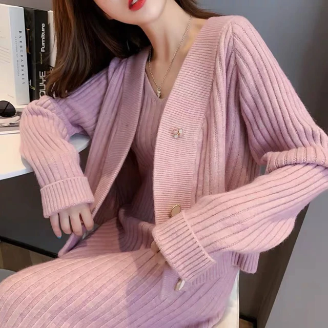 均碼 兩件套甜心芭比粉色針織上衣 韓系吊帶開衫兩件套 ins風衣服 短版 秋冬上衣 針織毛衣女 歷史價格詳細信息