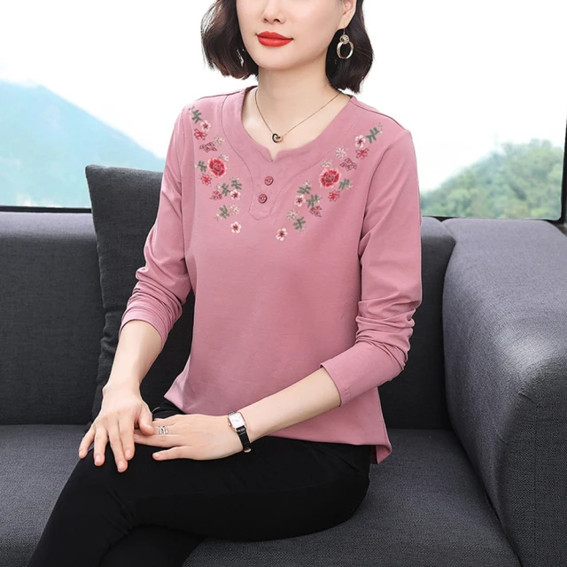 【Paiya 派亞】春秋款長袖T恤洋氣時尚大碼寬鬆遮肚子上衣(M-4XL) 歷史價格詳細信息