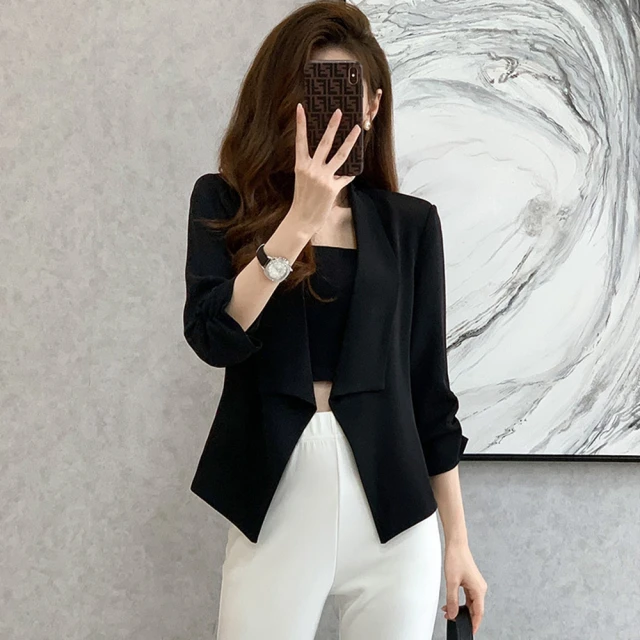 七分袖小西裝外套短袖2023秋季新款女士西服套裝薄款修身黑色正裝-格林賣場 歷史價格詳細信息